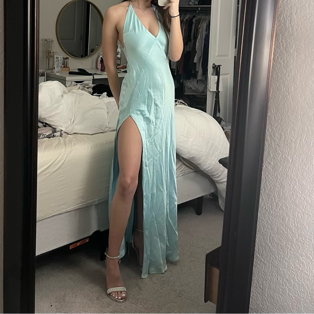 Anthropologie turquoise Halter Maxi Dress with High Slit